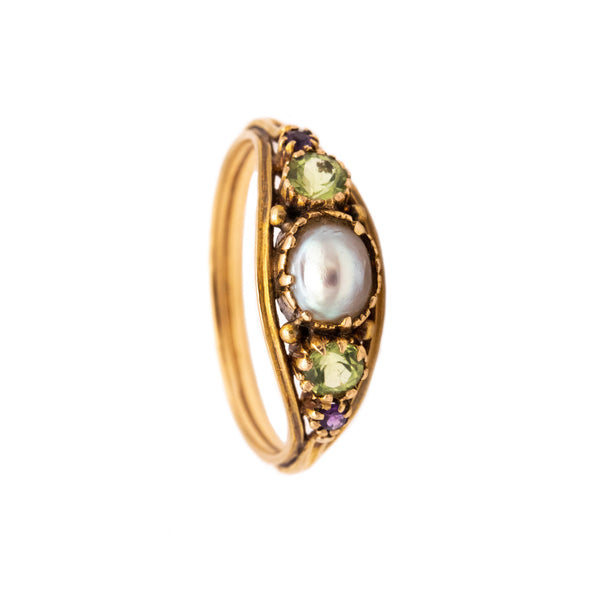 VICTORIAN 1890 RING IN 18 KT GOLD WITH NATURAL PEARL PERIDOT & AMETHYST