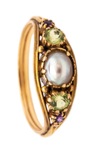 VICTORIAN 1890 RING IN 18 KT GOLD WITH NATURAL PEARL PERIDOT & AMETHYST