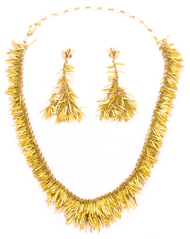 H. STERN RARE 18 KT BRUSHED FEATHERS GOLD SUITE OF NECKLACE & EARRINGS