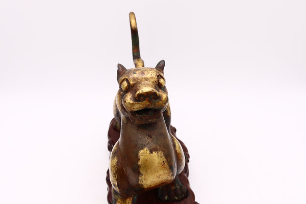 *China Qing Dynasty 18th Century Male Foo Dog Lion Guardian In Gilded Bronze