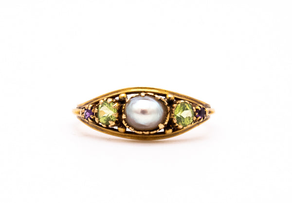 VICTORIAN 1890 RING IN 18 KT GOLD WITH NATURAL PEARL PERIDOT & AMETHYST