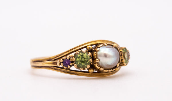 VICTORIAN 1890 RING IN 18 KT GOLD WITH NATURAL PEARL PERIDOT & AMETHYST