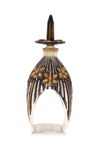 JULIEN VIARD 1920 ART NOUVEAU PERFUME BOTTLE IN GILDED & GRAY PATINATED ENAMEL ON GLASS