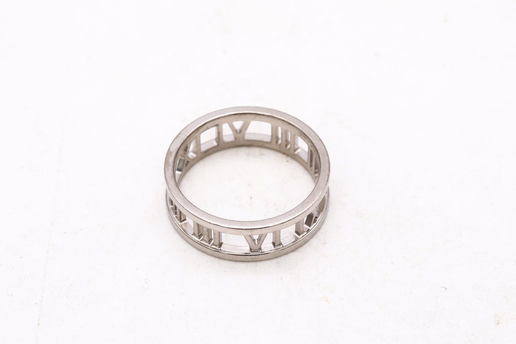 Tiffany Co 18k White Gold Diamond Pierced Atlas Band Ring Roman Numeral  Size 4.5