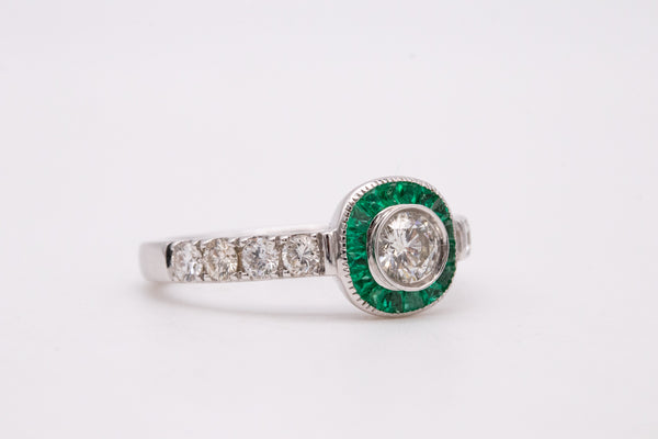 (S)Modern Art Deco Revival 18Kt Engagement Ring With 1.01 Cts In Diamonds And Emeralds