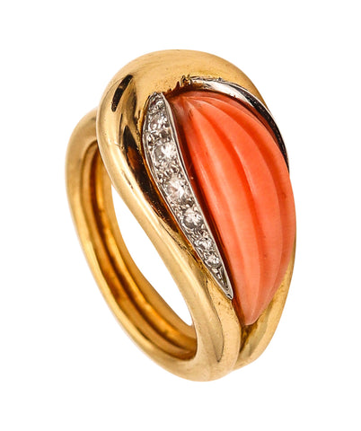 MAUBOUSSIN Paris 1970 Fluted Coral Ring In 18Kt Yellow Gold With Diamonds