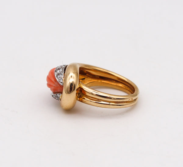 -Mauboussin 1970 Paris Fluted Coral Ring In 18Kt Gold With 4.35 Ctw Diamonds And Coral