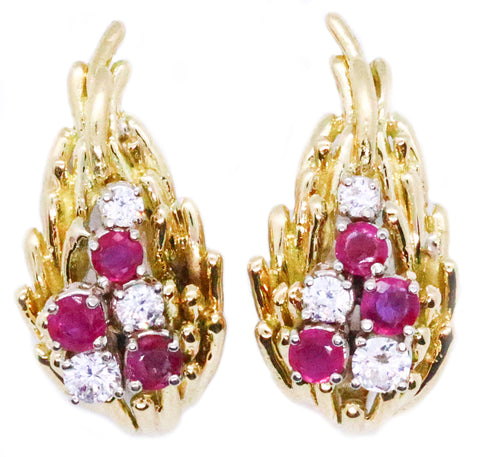 ITALIAN ESTATE RUBY & DIAMONDS 18 KT GOLD VINTAGE EARRINGS