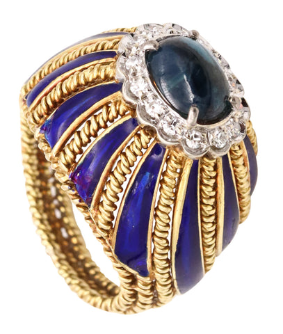 *Buccellati 1960 Milano 18 kt gold ring with enamel 1.84 Ctw sapphires & diamonds