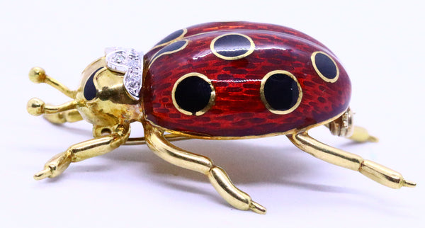 RED & BLACK ENAMEL LADY BUG 18 KT GOLD ITALIAN PIN BROOCH