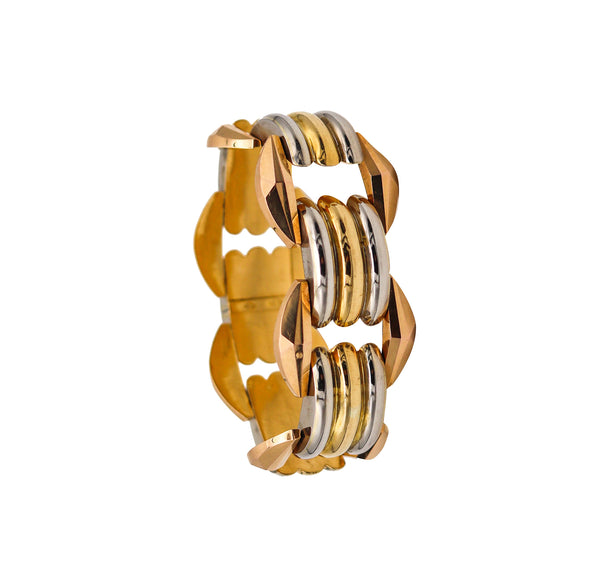 -Italy 1935 Milano Art Deco Faceted Tank Bracelet In Three Tones Of 18Kt Gold