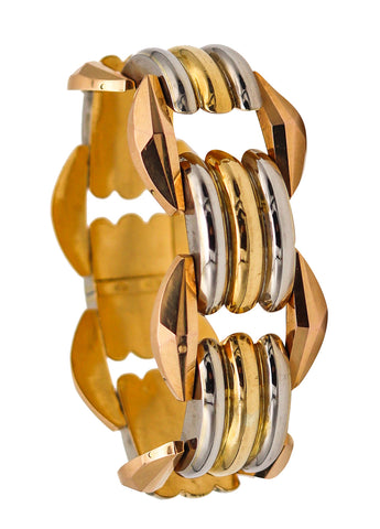 -Italy 1935 Milano Art Deco Faceted Tank Bracelet In Three Tones Of 18Kt Gold
