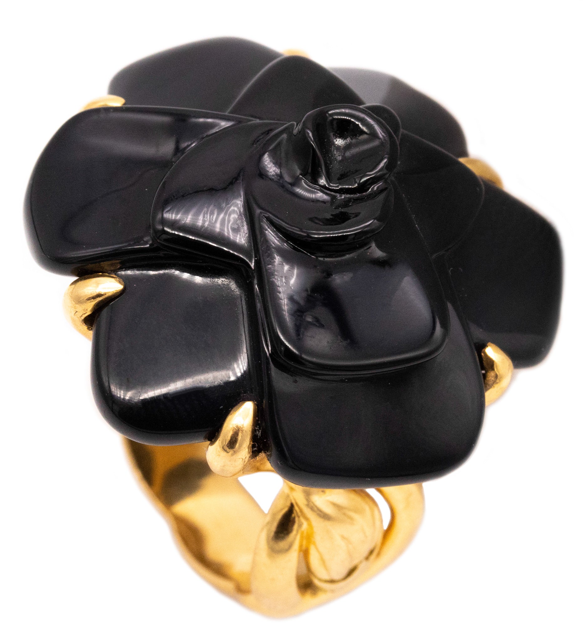 Chanel Paris Camelia Flower Ring In 18Kt Yellow Gold With Black