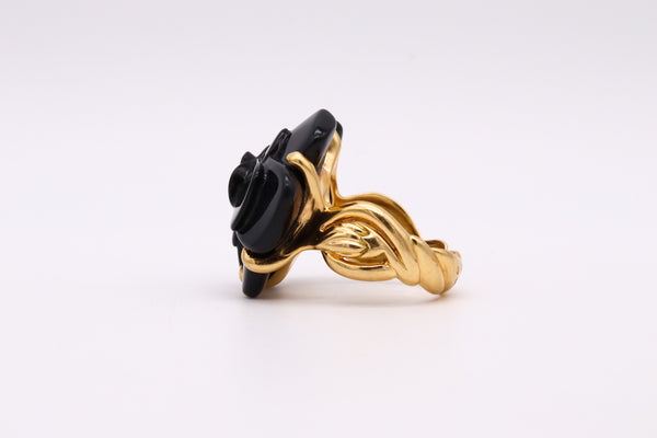 Chanel Paris Camelia Flower Ring In 18Kt Yellow Gold With Black Onyx