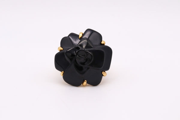 Chanel Paris Camelia Flower Ring In 18Kt Yellow Gold With Black Onyx