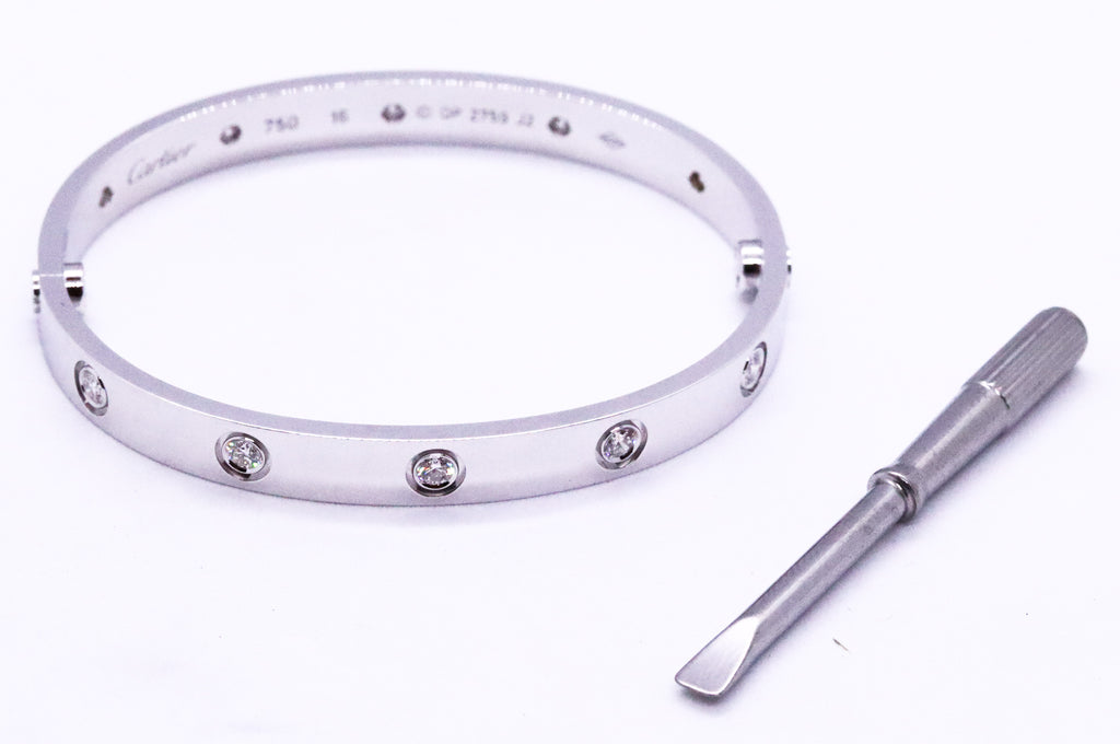 CARTIER LOVE BRACELET 10 DIAMONDS 18 KT WHITE GOLD SIZE 16 NIB 