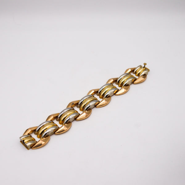 -Italy 1935 Milano Art Deco Faceted Tank Bracelet In Three Tones Of 18Kt Gold