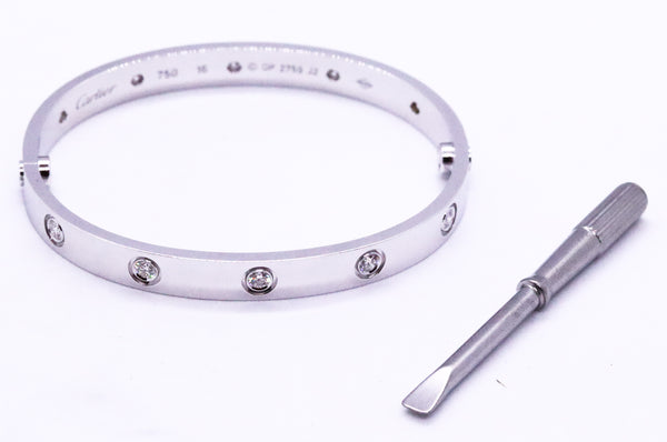 CARTIER LOVE BRACELET 10 DIAMONDS 18 KT WHITE GOLD SIZE 16 NIB WITH SCREWDRIVER