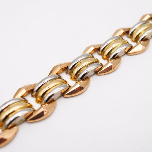 -Italy 1935 Milano Art Deco Faceted Tank Bracelet In Three Tones Of 18Kt Gold