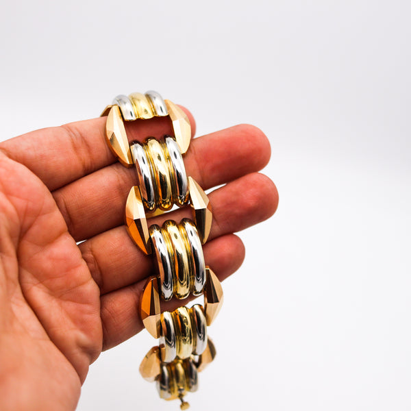 -Italy 1935 Milano Art Deco Faceted Tank Bracelet In Three Tones Of 18Kt Gold