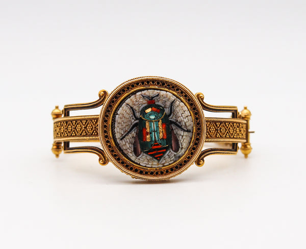 -Etruscan Revival 1880 Scarab Micro Mosaic Bracelet In 18Kt Yellow Gold