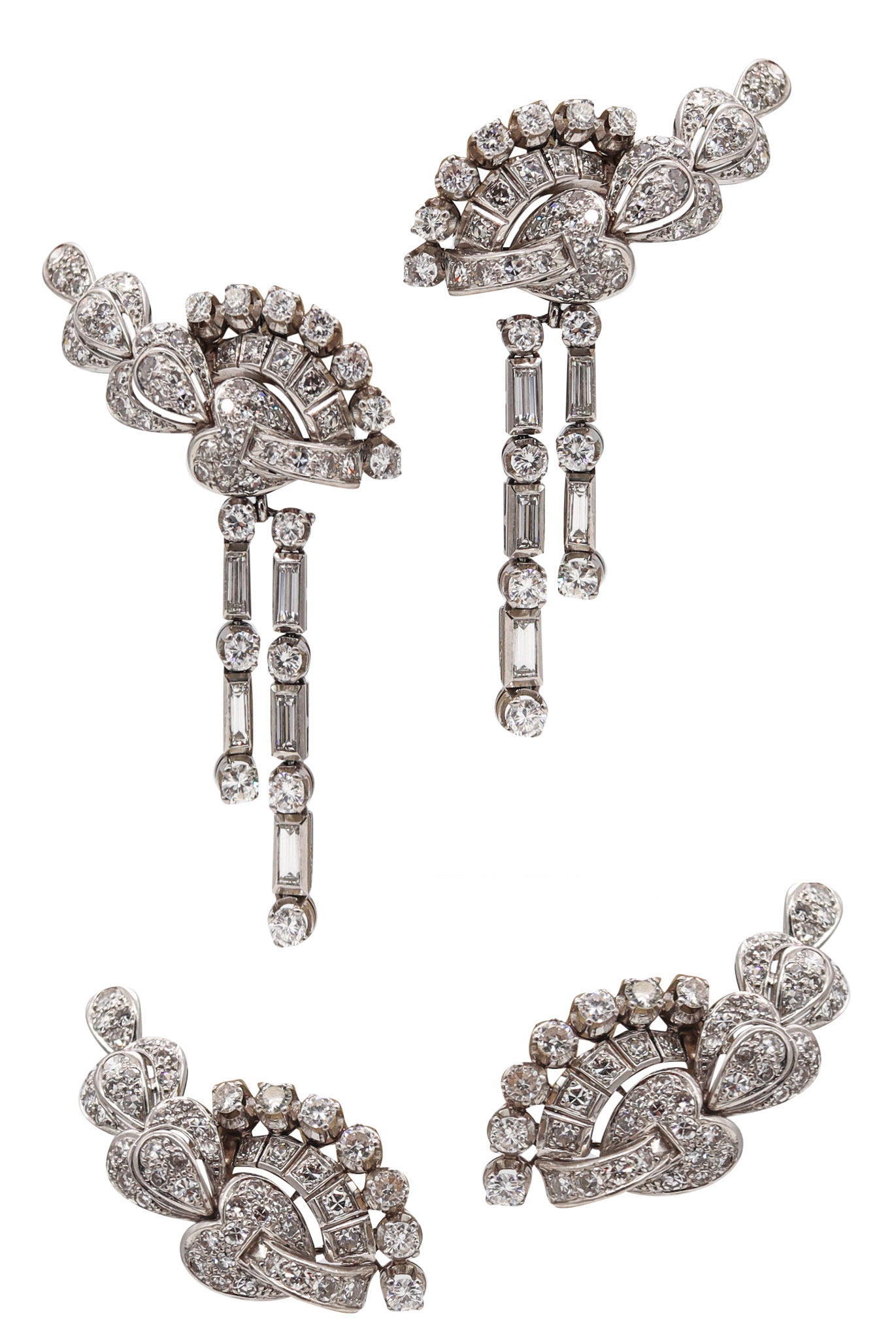 Art Deco 1930 Convertible Clips-Earrings in Solid Platinum with 5.89 Cts in VS Diamonds