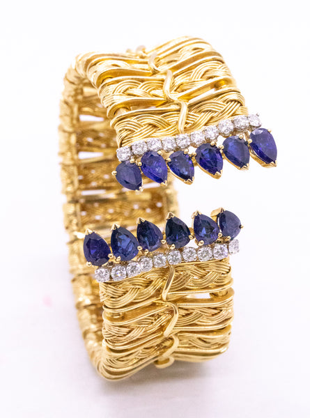 TEXTURED 18 KT VINTAGE BANGLE WITH 8.62 Cts OF DIAMONDS & SAPPHIRES