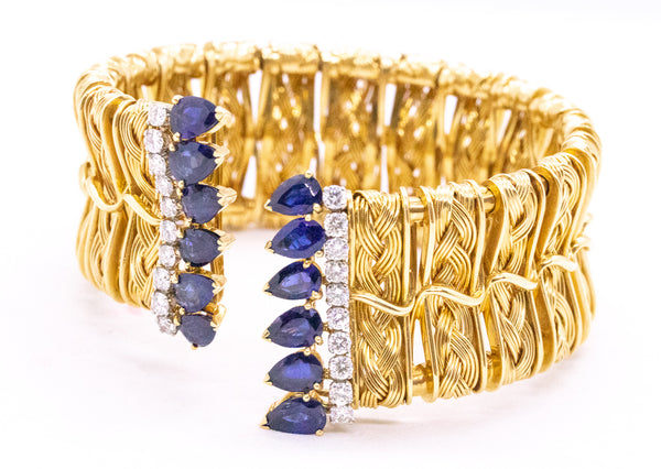 TEXTURED 18 KT VINTAGE BANGLE WITH 8.62 Cts OF DIAMONDS & SAPPHIRES