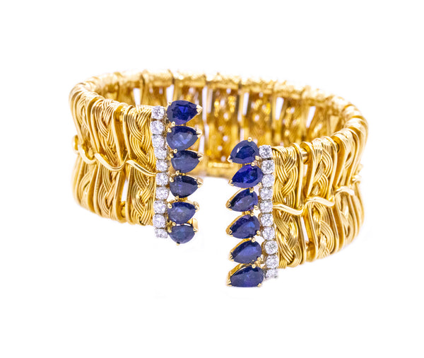 TEXTURED 18 KT VINTAGE BANGLE WITH 8.62 Cts OF DIAMONDS & SAPPHIRES