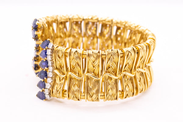 TEXTURED 18 KT VINTAGE BANGLE WITH 8.62 Cts OF DIAMONDS & SAPPHIRES