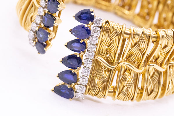 TEXTURED 18 KT VINTAGE BANGLE WITH 8.62 Cts OF DIAMONDS & SAPPHIRES