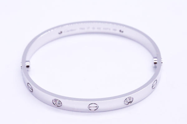 CARTIER LOVE BRACELET 18 KT WHITE GOLD WITH 4 ROUND DIAMONDS SIZE 17 NIB WITH SCREWDRIVER