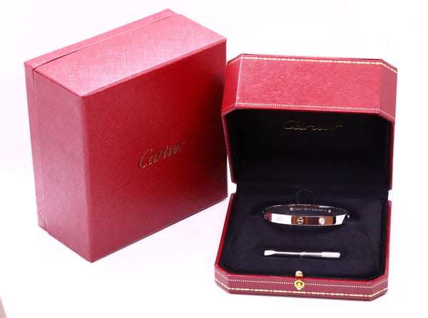 CARTIER LOVE BRACELET 18 KT WHITE GOLD WITH 4 ROUND DIAMONDS SIZE 17 NIB WITH SCREWDRIVER