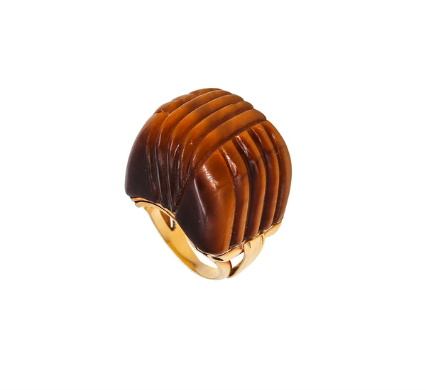 *Mid Century 1960 Skyscraper Bold Cocktail Ring In 18Kt Yellow Gold With Tiger Eye Quartz