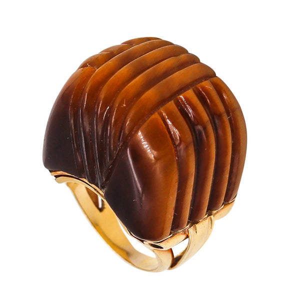 *Mid Century 1960 Skyscraper Bold Cocktail Ring In 18Kt Yellow Gold With Tiger Eye Quartz