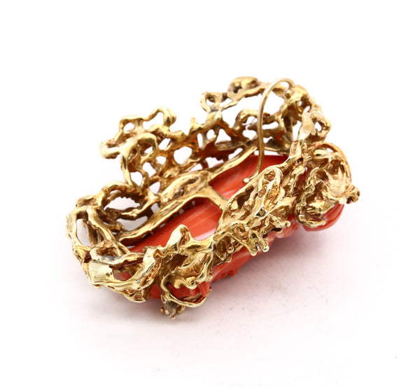 Italy 1960 Mid Century Pendant In 18Kt Gold With Diamonds And Carved Coral