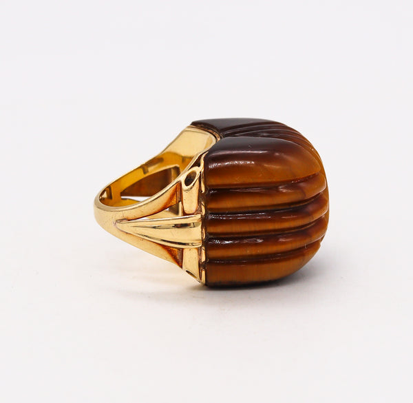 *Mid Century 1960 Skyscraper Bold Cocktail Ring In 18Kt Yellow Gold With Tiger Eye Quartz