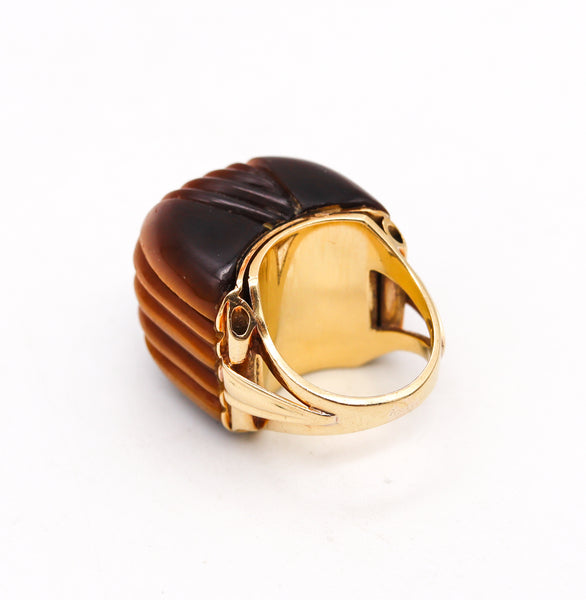 *Mid Century 1960 Skyscraper Bold Cocktail Ring In 18Kt Yellow Gold With Tiger Eye Quartz