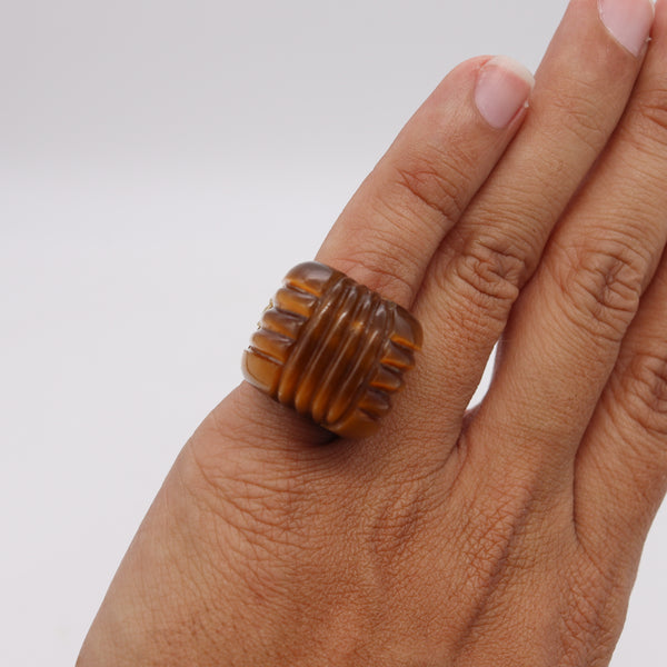 *Mid Century 1960 Skyscraper Bold Cocktail Ring In 18Kt Yellow Gold With Tiger Eye Quartz