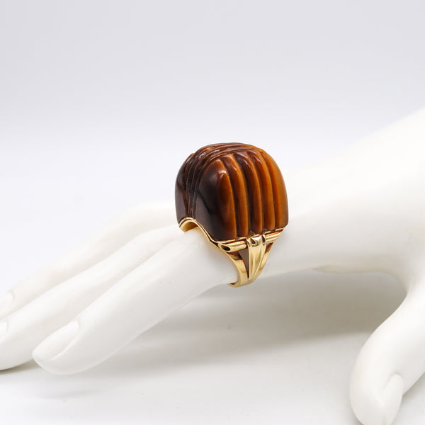 *Mid Century 1960 Skyscraper Bold Cocktail Ring In 18Kt Yellow Gold With Tiger Eye Quartz