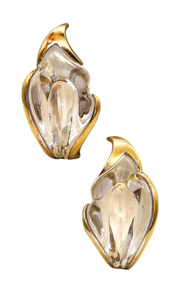 -Tiffany & Co 1977 Elsa Peretti Rock Quartz Lilies Clips On Earrings In 18Kt Yellow Gold