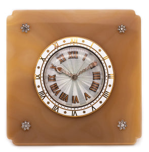 *Cartier 1935 Paris rare Art deco desk clock in 18 kt gold with agate and diamonds with box