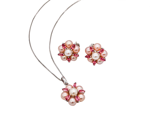 Contemporary Earrings And Necklace Suite In 14Kt Gold With 1.07 Cts In Pink Sapphires And Pearls