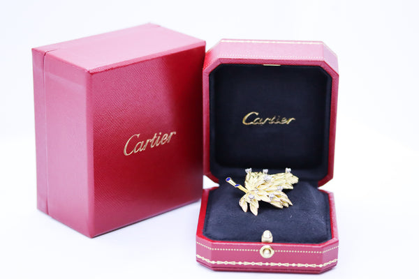 CARTIER NYC DIAMONDS & ENAMEL 18 KT YELLOW GOLD LEAVES PIN BROOCH IN BOX