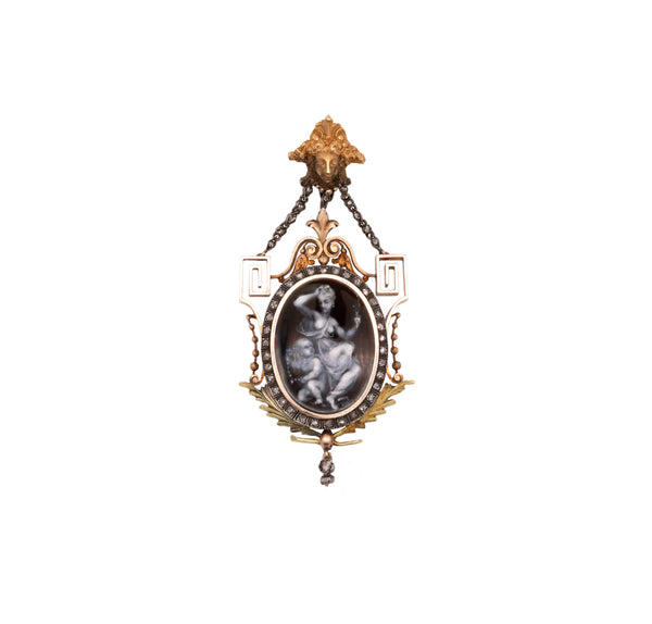 Georgian 1820 Allegory Of Beauty Grisaille Enamel Necklace In 18Kt Yellow Gold With Diamonds