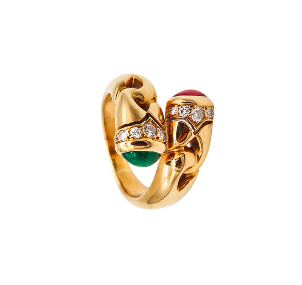 Bvlgari Roma Doppio Bypass Ring In 18Kt Gold With 1.79 Ctw Diamonds Emerald & Ruby