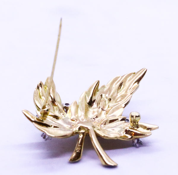 CARTIER NYC DIAMONDS & ENAMEL 18 KT YELLOW GOLD LEAVES PIN BROOCH IN BOX