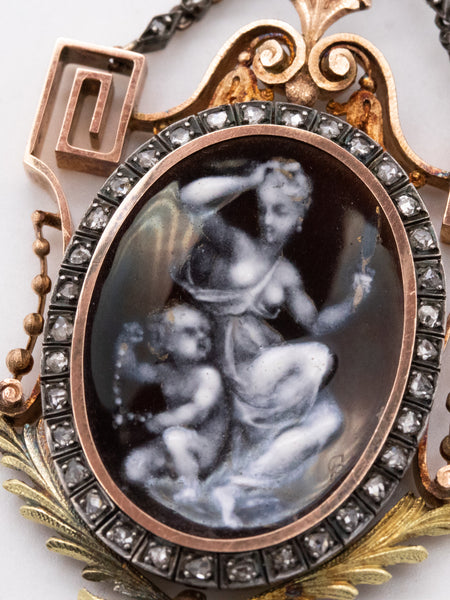 Georgian 1820 Allegory Of Beauty Grisaille Enamel Necklace In 18Kt Yellow Gold With Diamonds