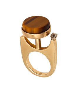 -Geometric Retro Modernist 1970 Sculptural Ring In 14Kt Gold With Tiger Quartz Diamond