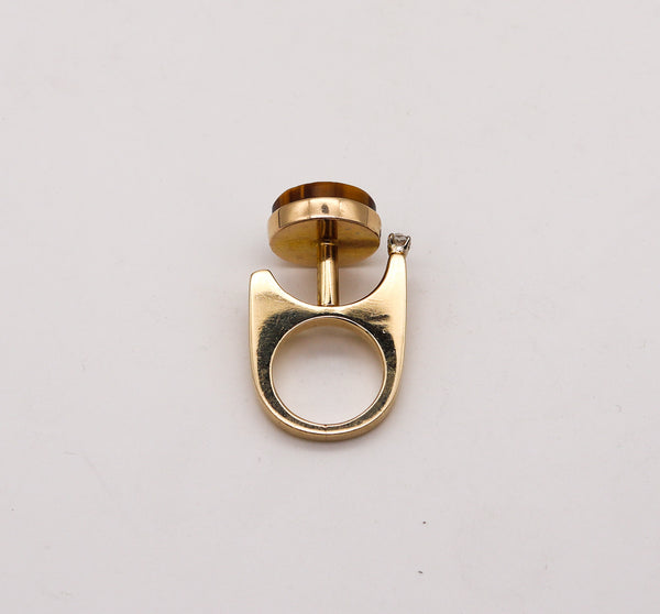 GEOMETRIC 1970 Retro Modernist Sculptural Ring In 14Kt Gold Tiger Quartz & Diamonds